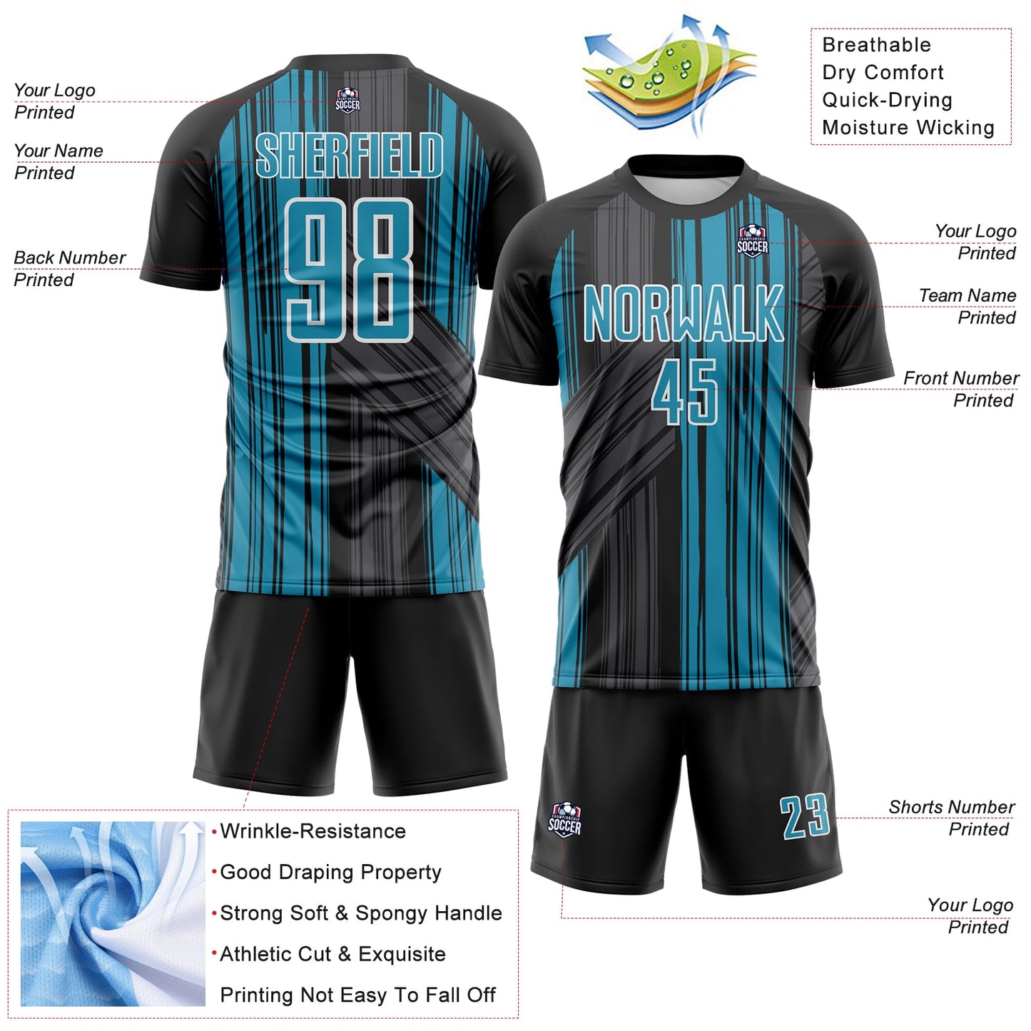 Custom Black Panther Blue-White Brush Stroke Fluid Stripes Sublimation Soccer Uniform Jersey view 4