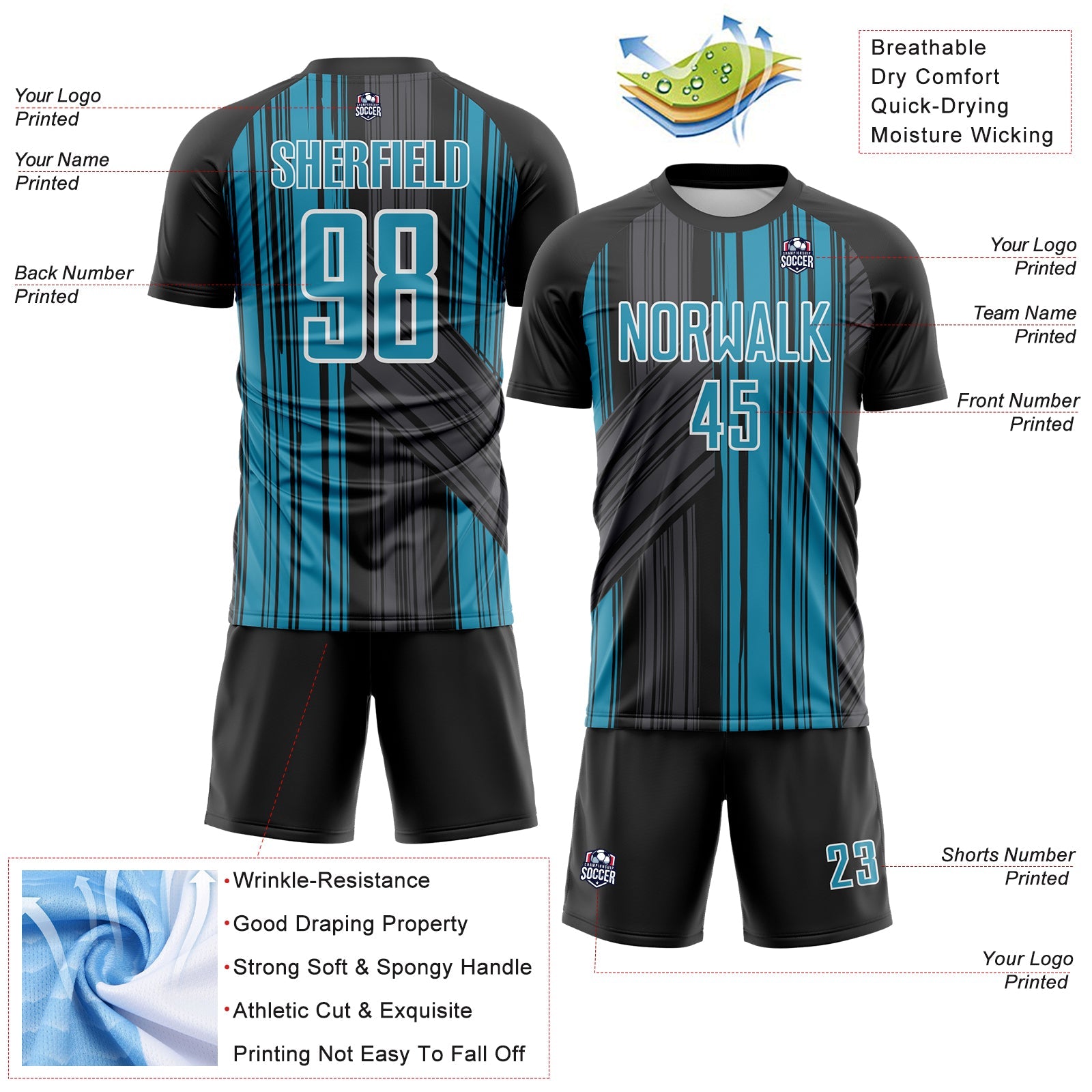 Custom Black Panther Blue-White Brush Stroke Fluid Stripes Sublimation Soccer Uniform Jersey view 4