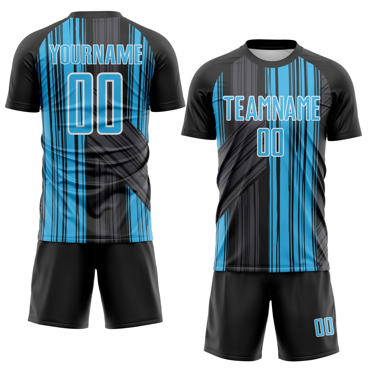 Custom Black Sky Blue-White Brush Stroke Fluid Stripes Sublimation Soccer Uniform Jersey view 2