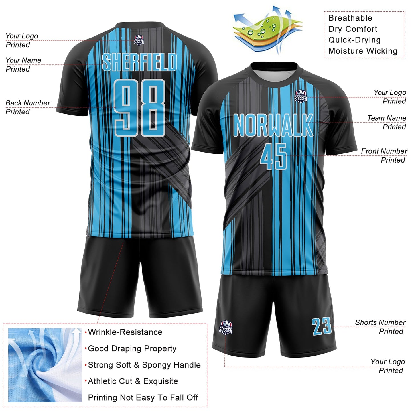 Custom Black Sky Blue-White Brush Stroke Fluid Stripes Sublimation Soccer Uniform Jersey view 4