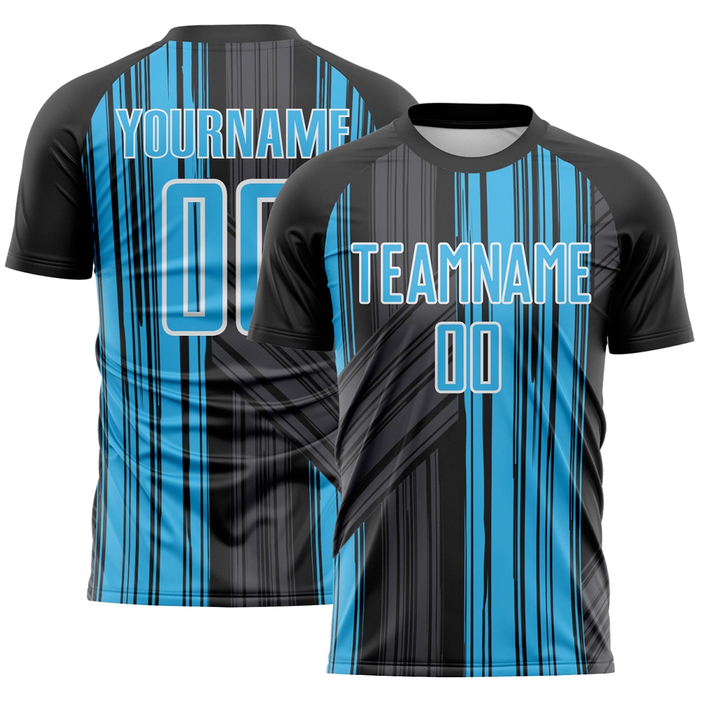 Custom Black Sky Blue-White Brush Stroke Fluid Stripes Sublimation Soccer Uniform Jersey - Main View