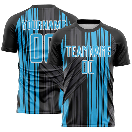 Custom Black Sky Blue-White Brush Stroke Fluid Stripes Sublimation Soccer Uniform Jersey - Main View