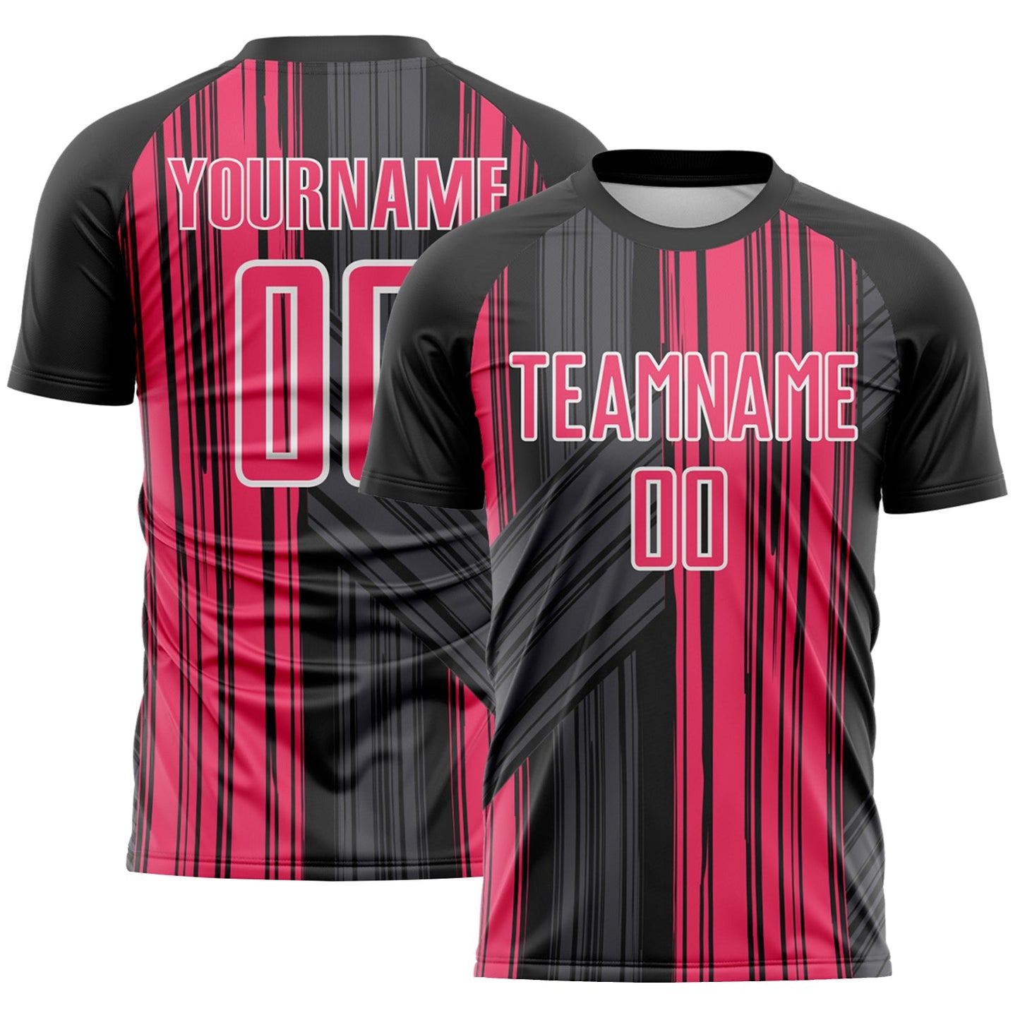 Custom Black Neon Pink-White Brush Stroke Fluid Stripes Sublimation Soccer Uniform Jersey - Main View