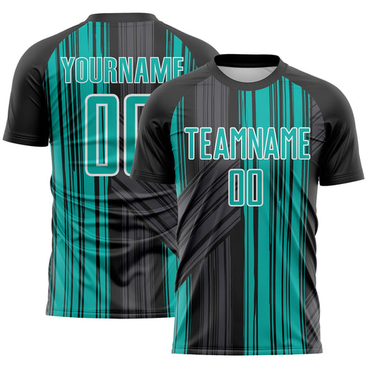Custom Black Aqua-White Brush Stroke Fluid Stripes Sublimation Soccer Uniform Jersey - Main View