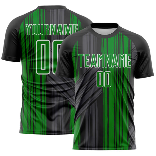 Custom Black Grass Green-White Brush Stroke Fluid Stripes Sublimation Soccer Uniform Jersey - Main View