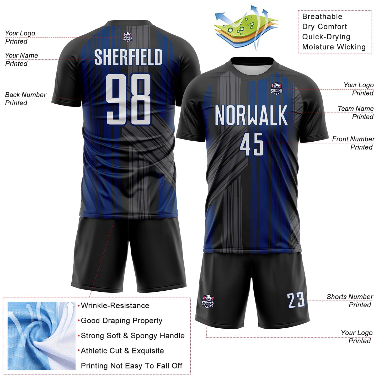 Custom Black White-US Navy Blue Brush Stroke Fluid Stripes Sublimation Soccer Uniform Jersey view 4