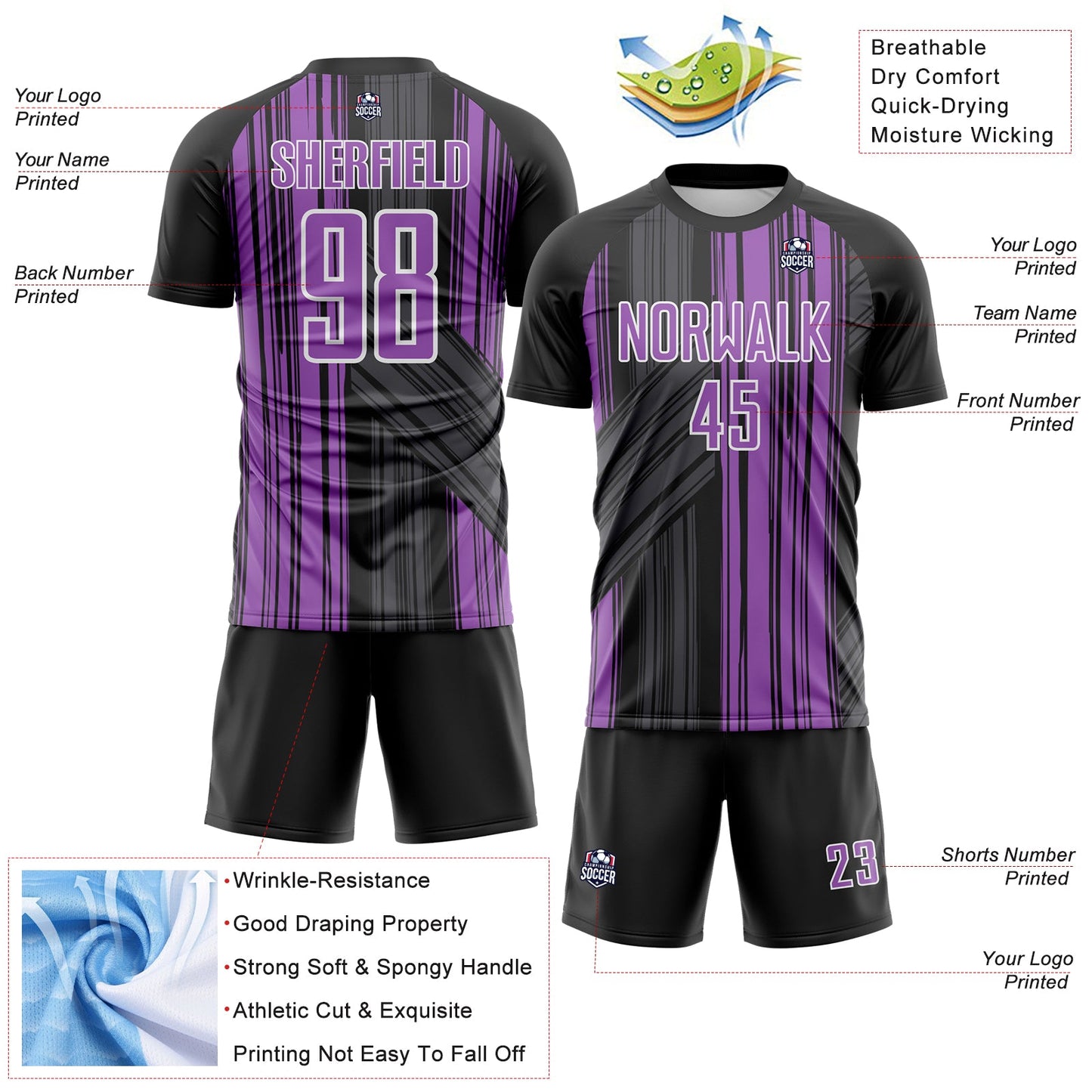 Custom Black Medium Purple-White Brush Stroke Fluid Stripes Sublimation Soccer Uniform Jersey view 4