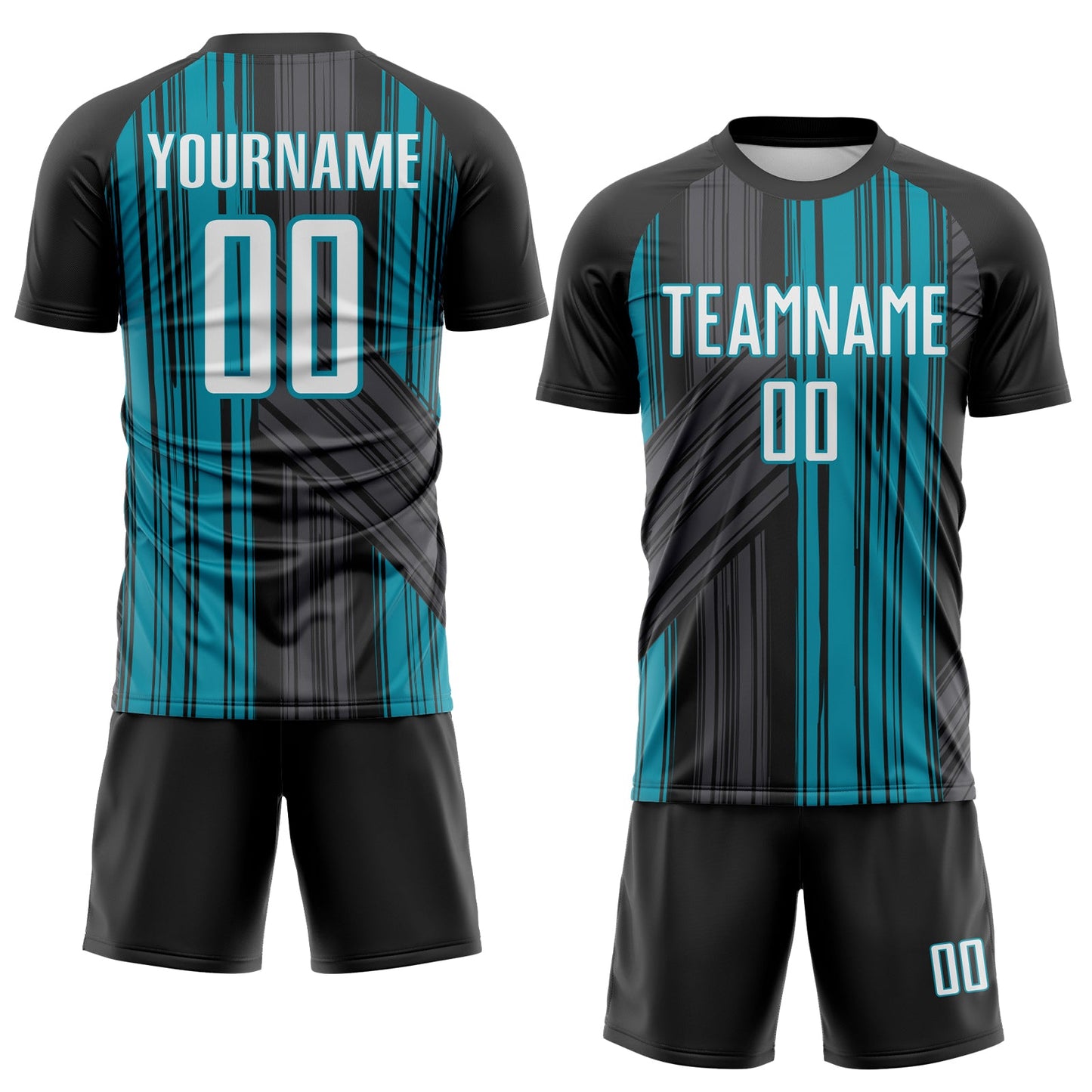 Custom Black White-Teal Brush Stroke Fluid Stripes Sublimation Soccer Uniform Jersey view 2