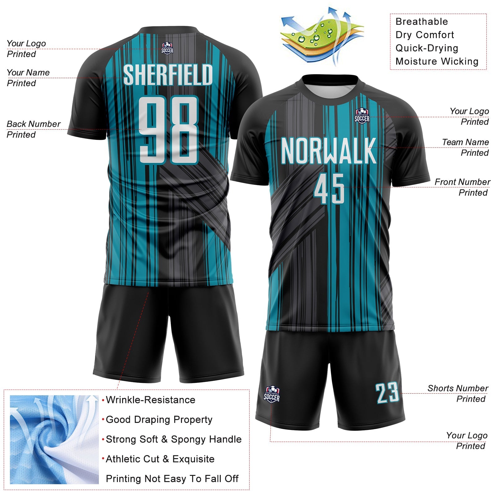 Custom Black White-Teal Brush Stroke Fluid Stripes Sublimation Soccer Uniform Jersey view 4