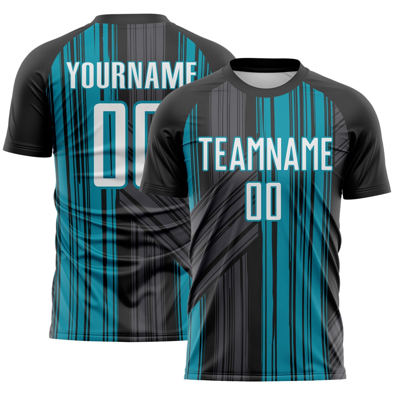 Custom Black White-Teal Brush Stroke Fluid Stripes Sublimation Soccer Uniform Jersey - Main View