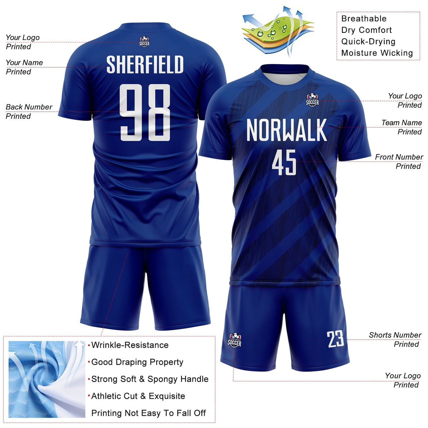 Custom Royal White-Navy Diagonal Stripes Sublimation Soccer Uniform Jersey view 4