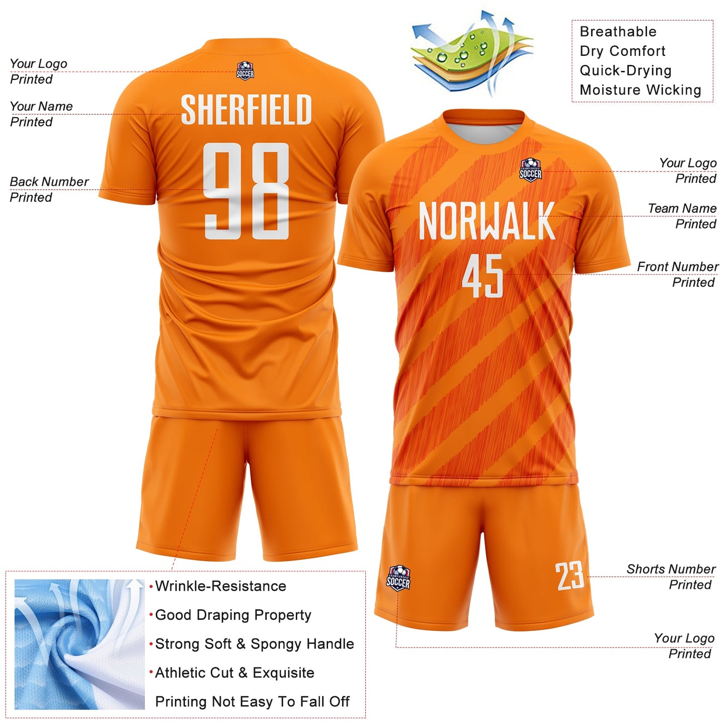 Custom Bay Orange White-Orange Diagonal Stripes Sublimation Soccer Uniform Jersey view 4
