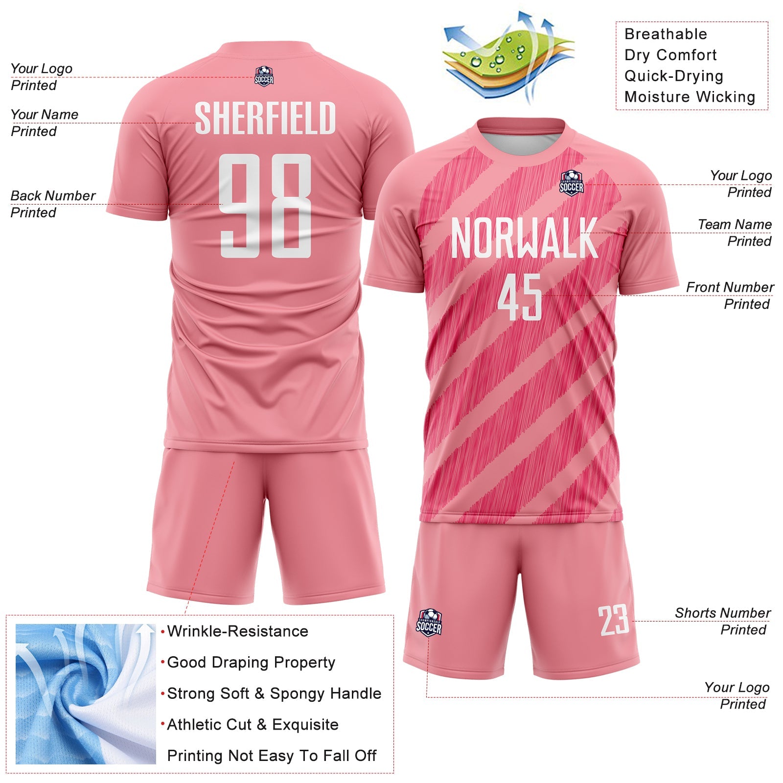 Custom Medium Pink White-Neon Pink Diagonal Stripes Sublimation Soccer Uniform Jersey view 4