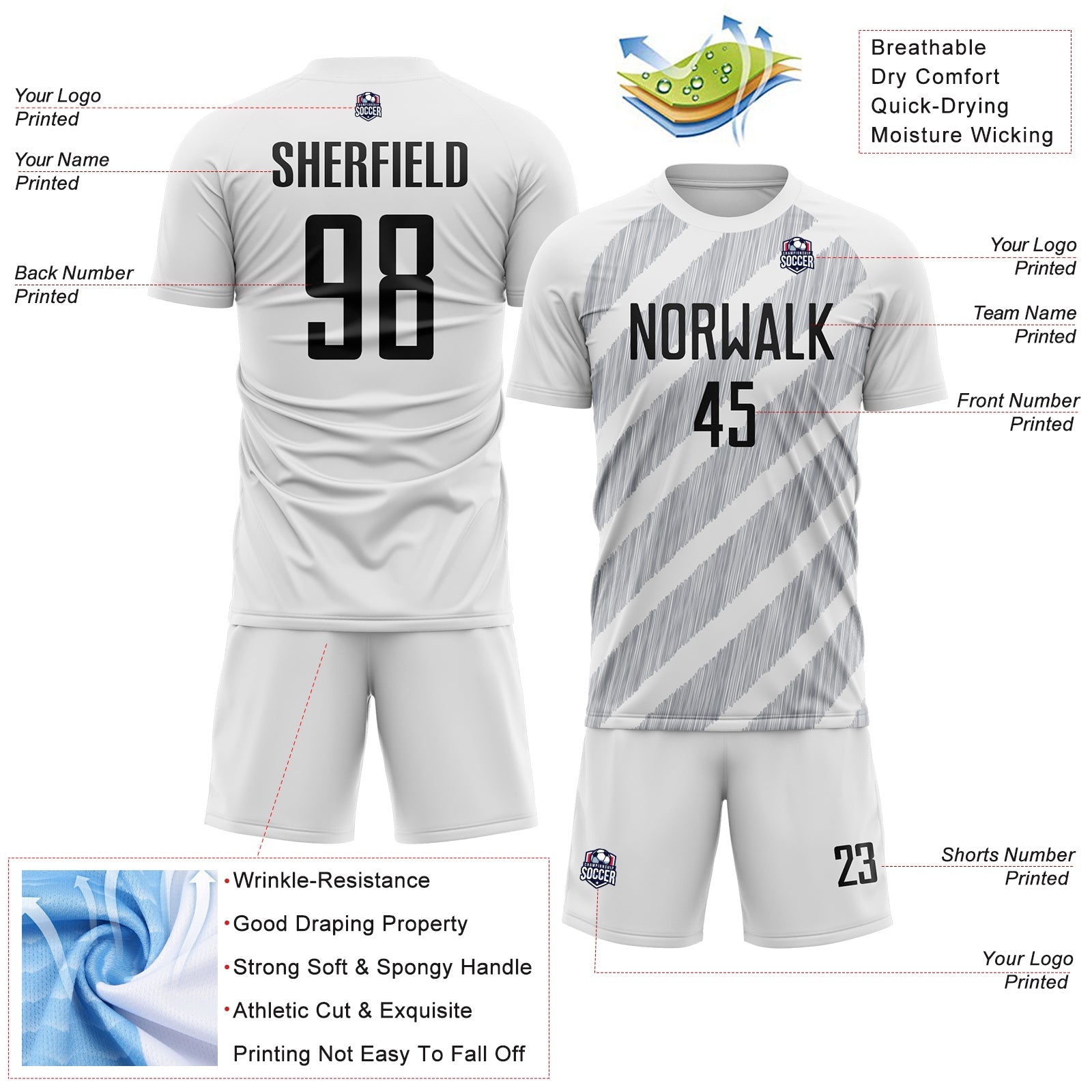 Custom White Black-Gray Diagonal Stripes Sublimation Soccer Uniform Jersey view 4