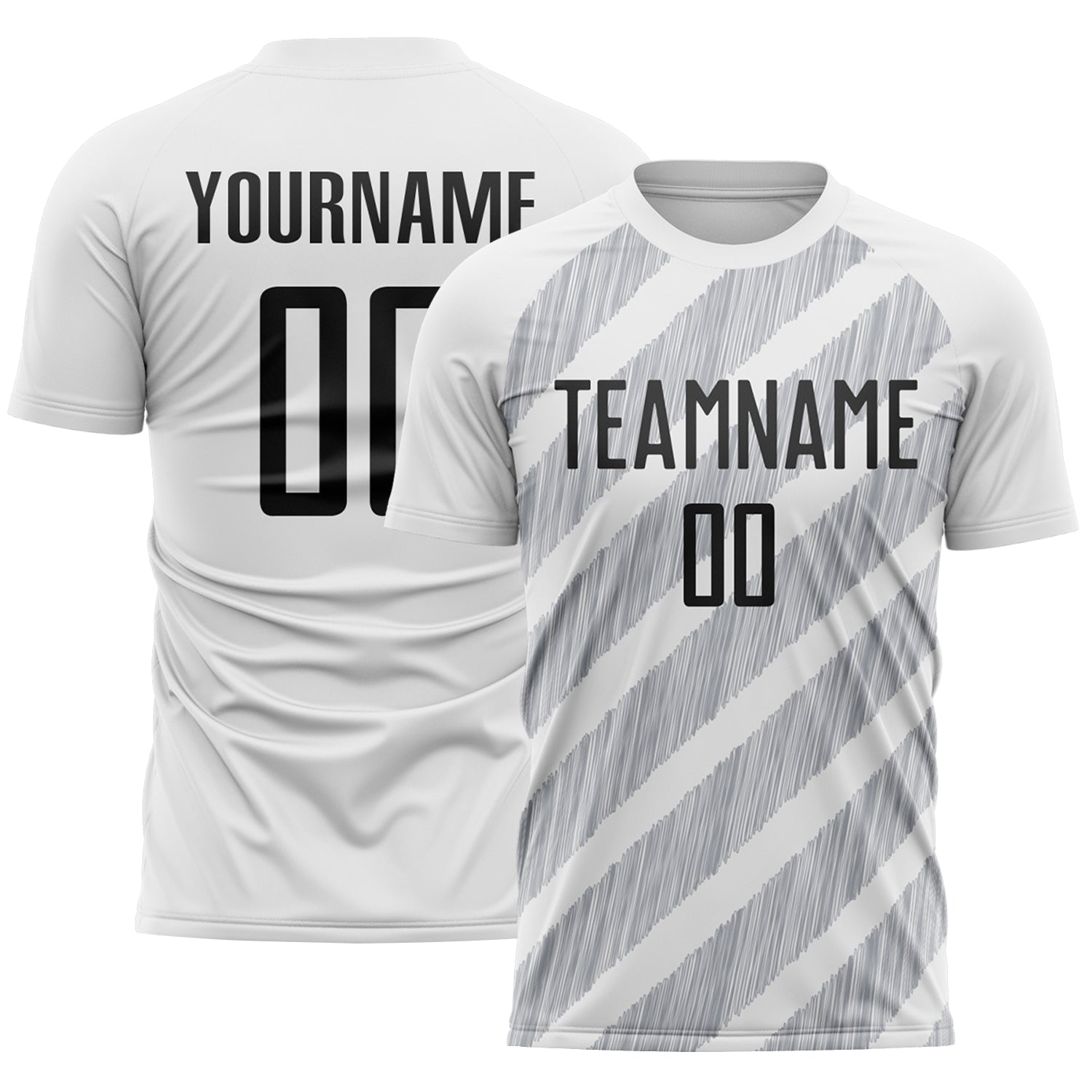Custom White Black-Gray Diagonal Stripes Sublimation Soccer Uniform Jersey - Main View