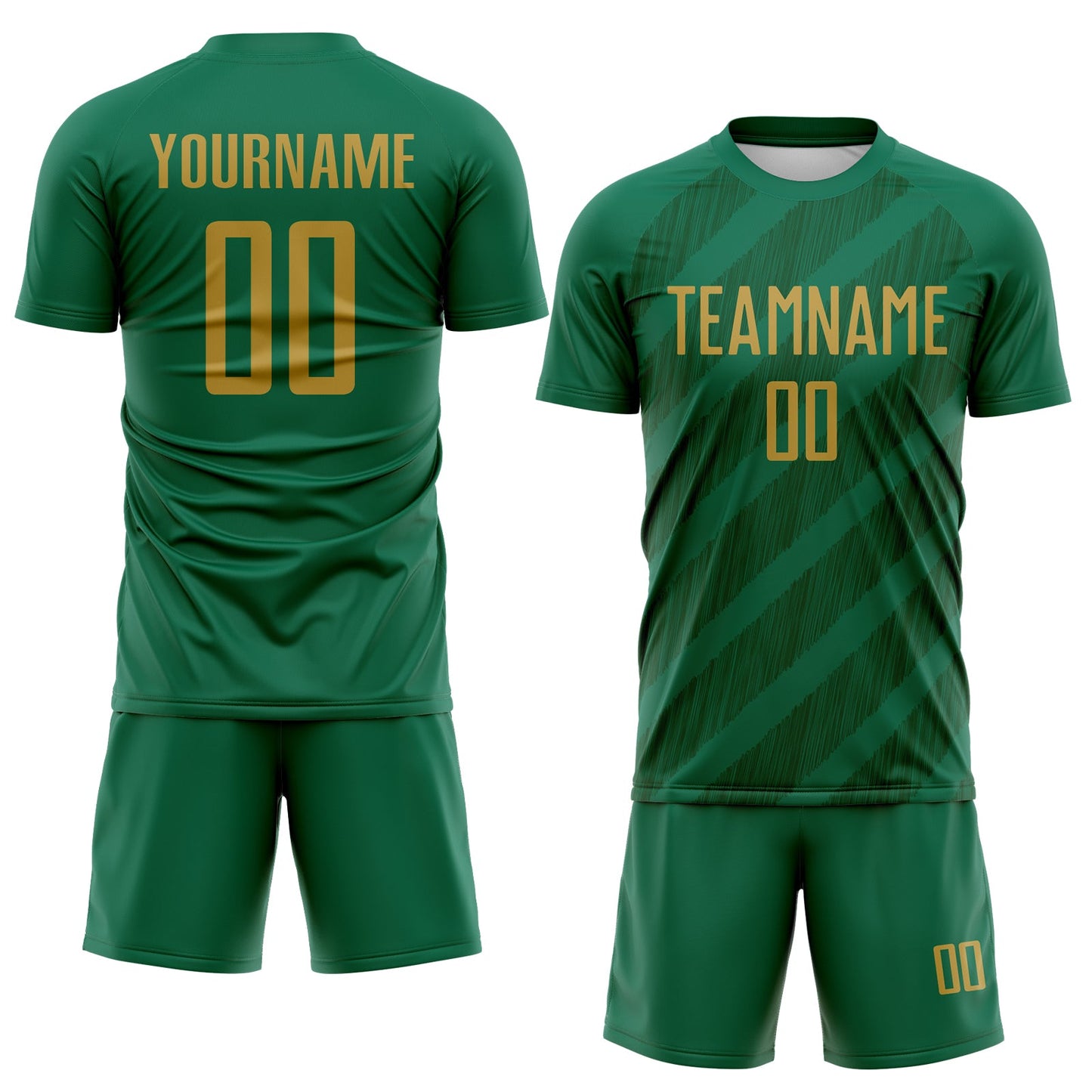 Custom Kelly Green Old Gold-Green Diagonal Stripes Sublimation Soccer Uniform Jersey view 2
