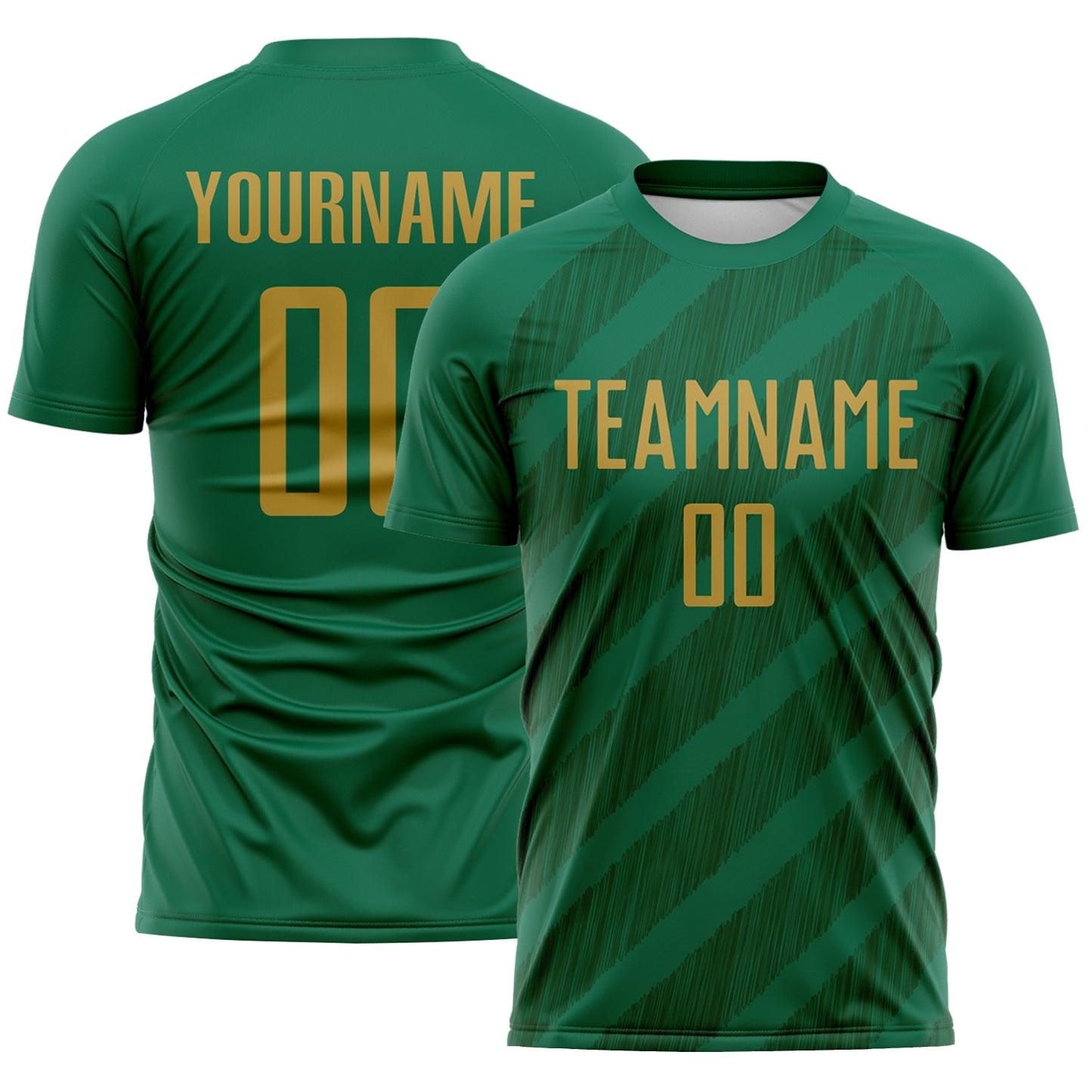 Custom Kelly Green Old Gold-Green Diagonal Stripes Sublimation Soccer Uniform Jersey - Main View