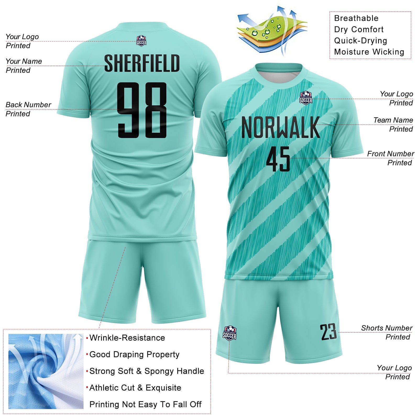 Custom Ice Blue Black-Aqua Diagonal Stripes Sublimation Soccer Uniform Jersey view 4