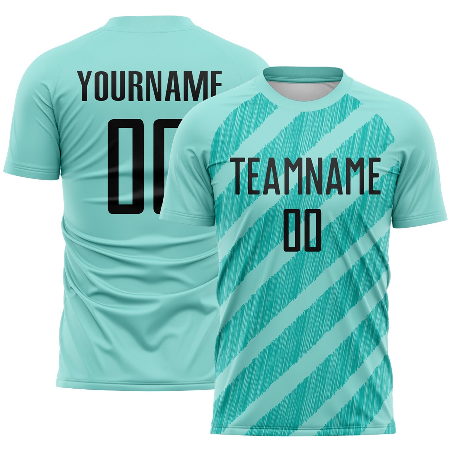 Custom Ice Blue Black-Aqua Diagonal Stripes Sublimation Soccer Uniform Jersey - Main View