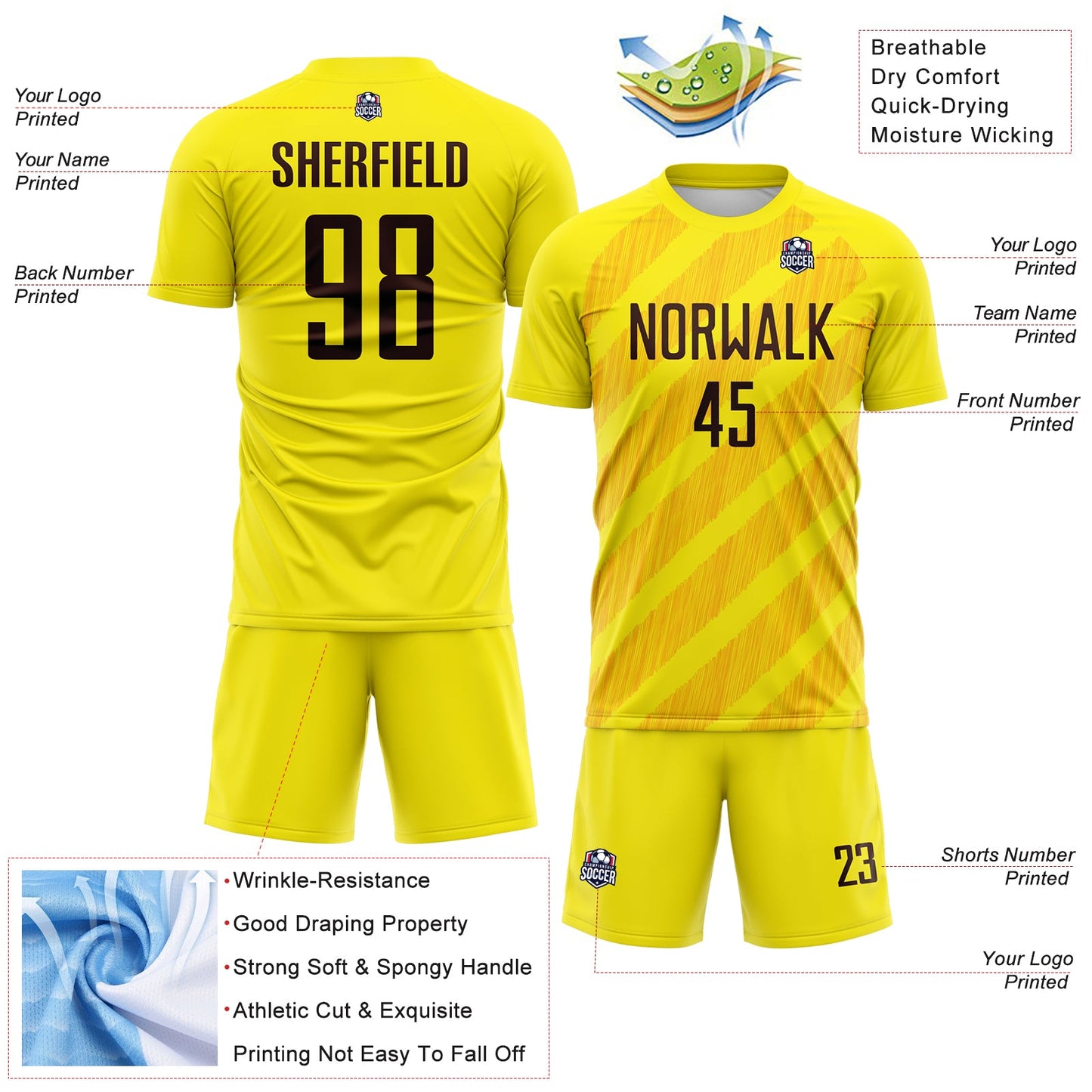 Custom Light Yellow Brown-Gold Diagonal Stripes Sublimation Soccer Uniform Jersey view 4