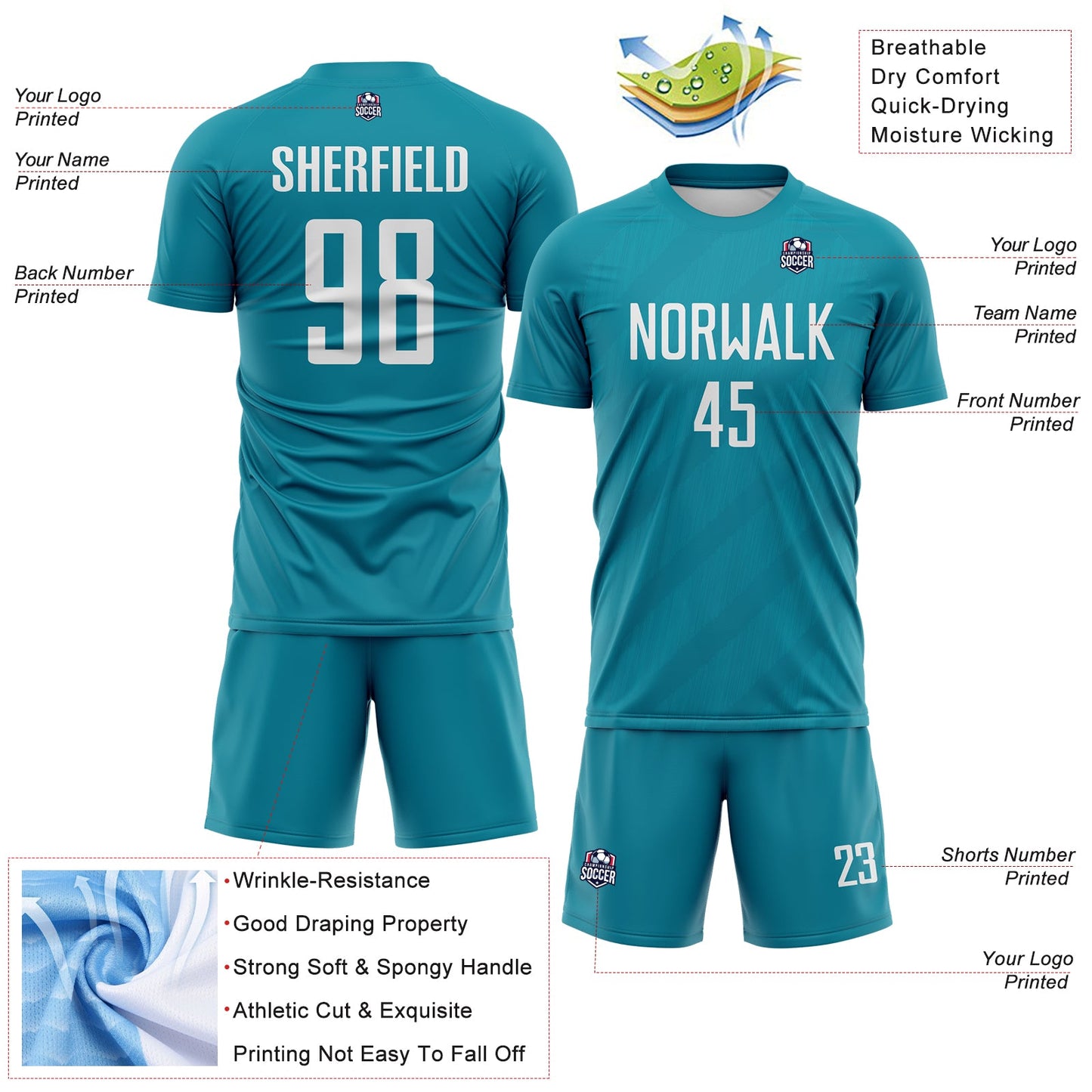 Custom Teal-White Diagonal Stripes Sublimation Soccer Uniform Jersey view 4