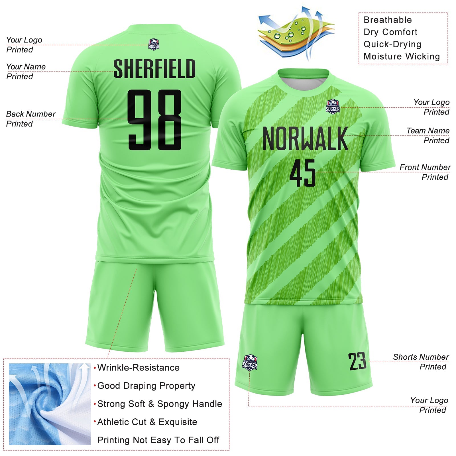 Custom Pea Green Black-Aurora Green Diagonal Stripes Sublimation Soccer Uniform Jersey view 4