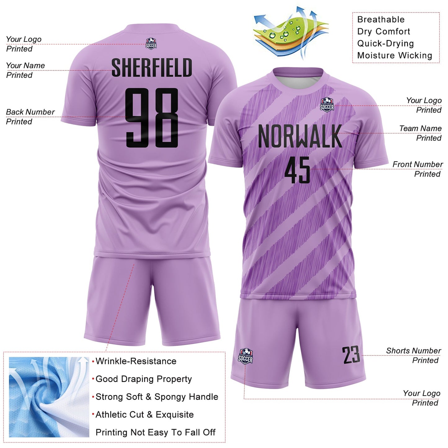 Custom Light Purple Black-Medium Purple Diagonal Stripes Sublimation Soccer Uniform Jersey view 4