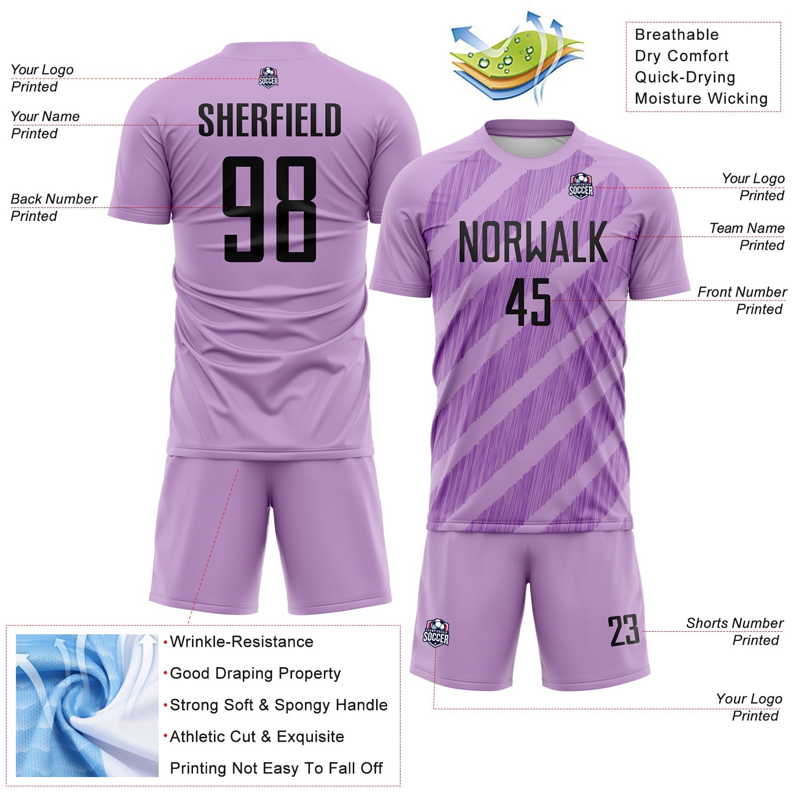 Custom Light Purple Black-Medium Purple Diagonal Stripes Sublimation Soccer Uniform Jersey view 4