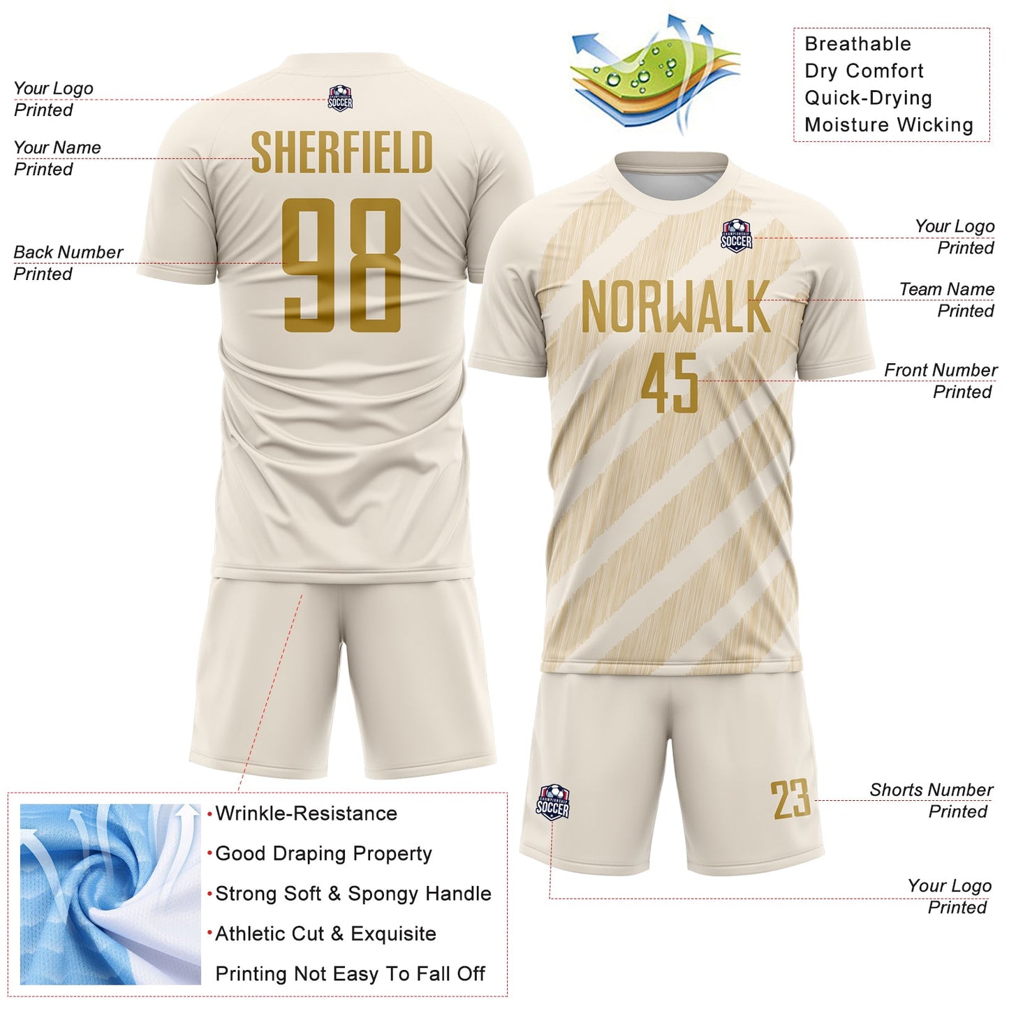Custom Cream Old Gold-City Cream Diagonal Stripes Sublimation Soccer Uniform Jersey view 4