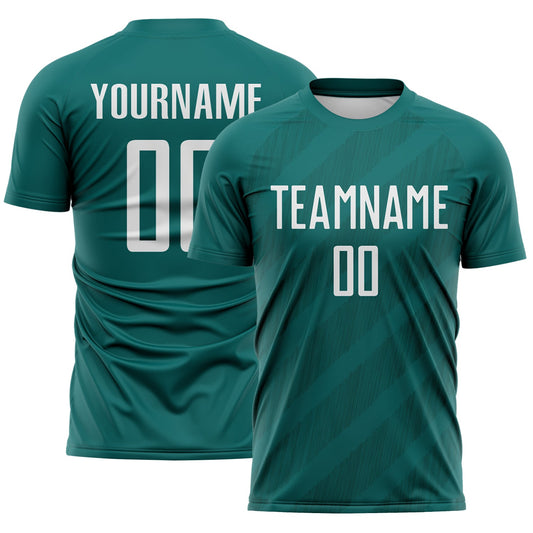 Custom Teal White-Midnight Green Diagonal Stripes Sublimation Soccer Uniform Jersey - Main View