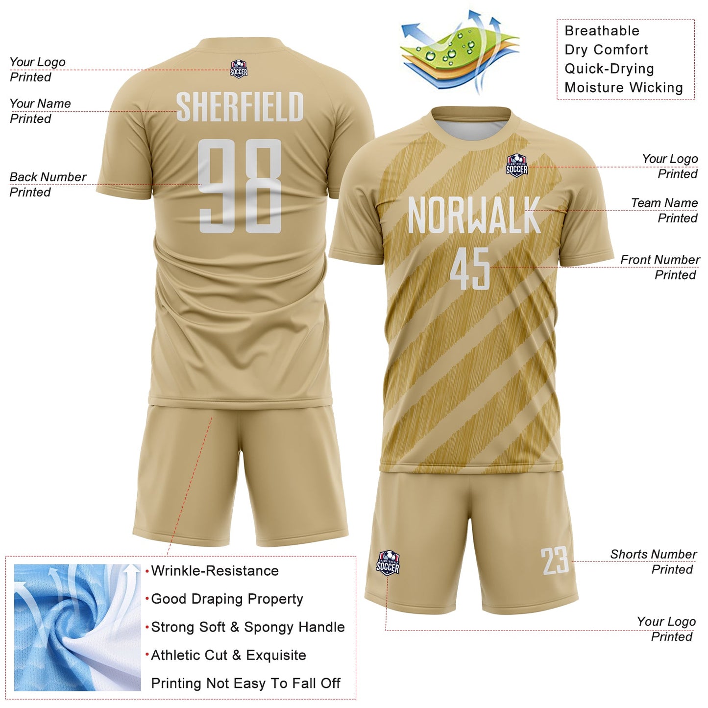 Custom Vegas Gold White-Old Gold Diagonal Stripes Sublimation Soccer Uniform Jersey view 4