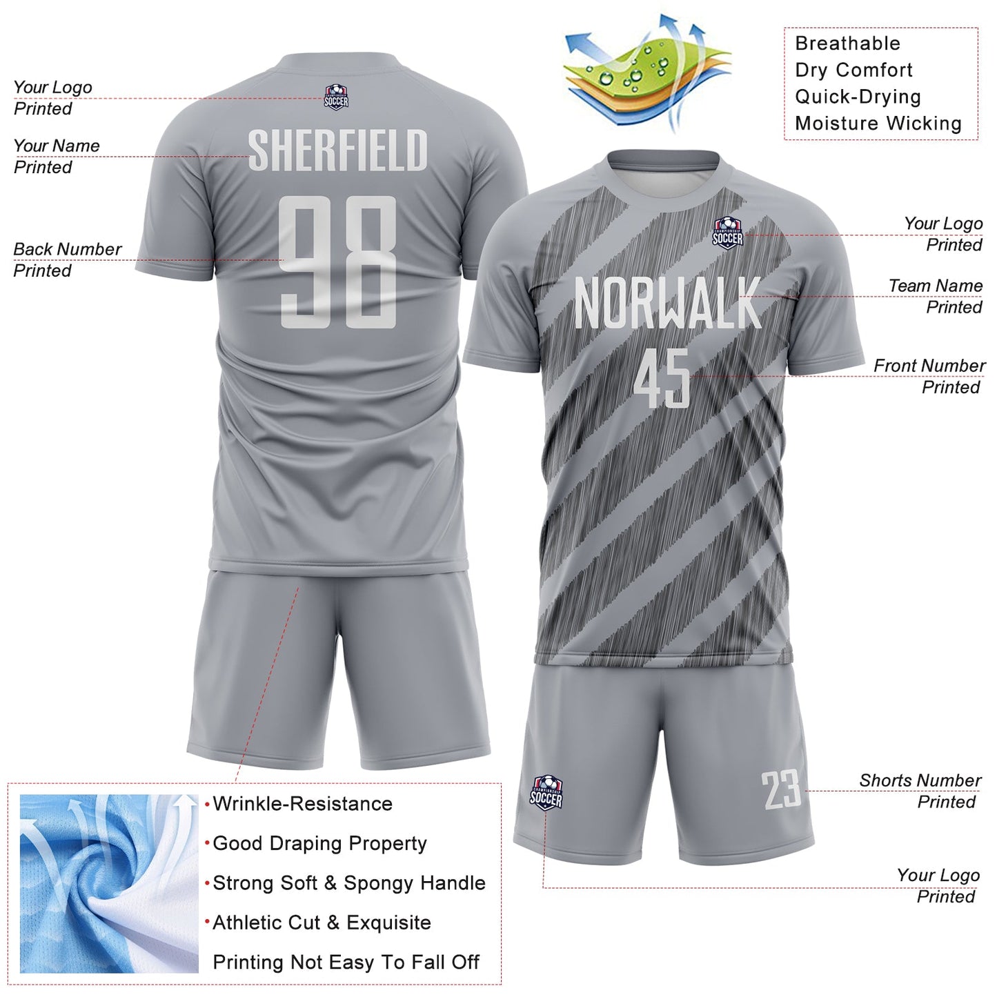 Custom Gray White-Steel Gray Diagonal Stripes Sublimation Soccer Uniform Jersey view 4