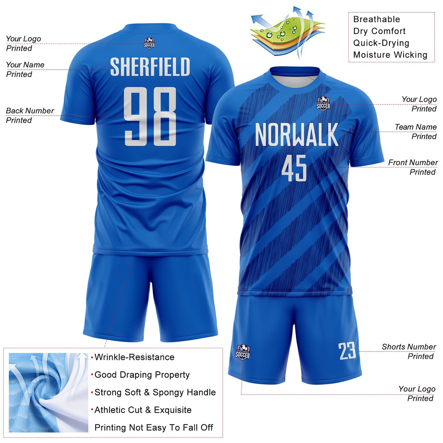 Custom Blue White-Royal Diagonal Stripes Sublimation Soccer Uniform Jersey view 4
