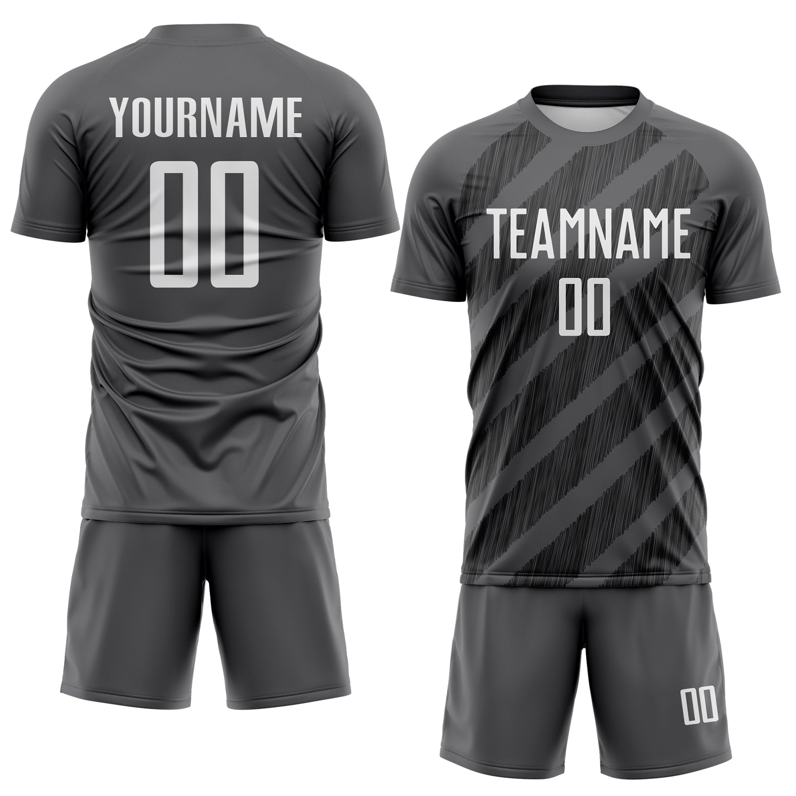 Custom Steel Gray White-Black Diagonal Stripes Sublimation Soccer Uniform Jersey view 2