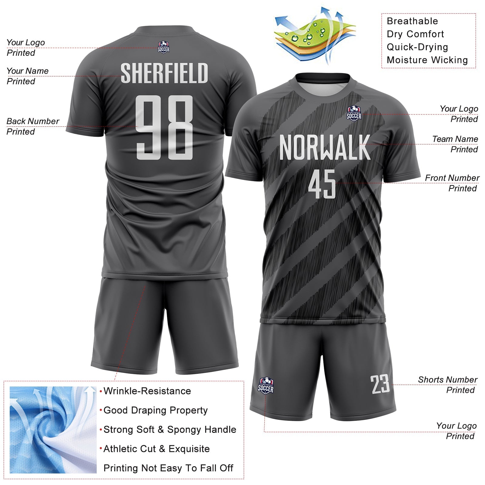 Custom Steel Gray White-Black Diagonal Stripes Sublimation Soccer Uniform Jersey view 4
