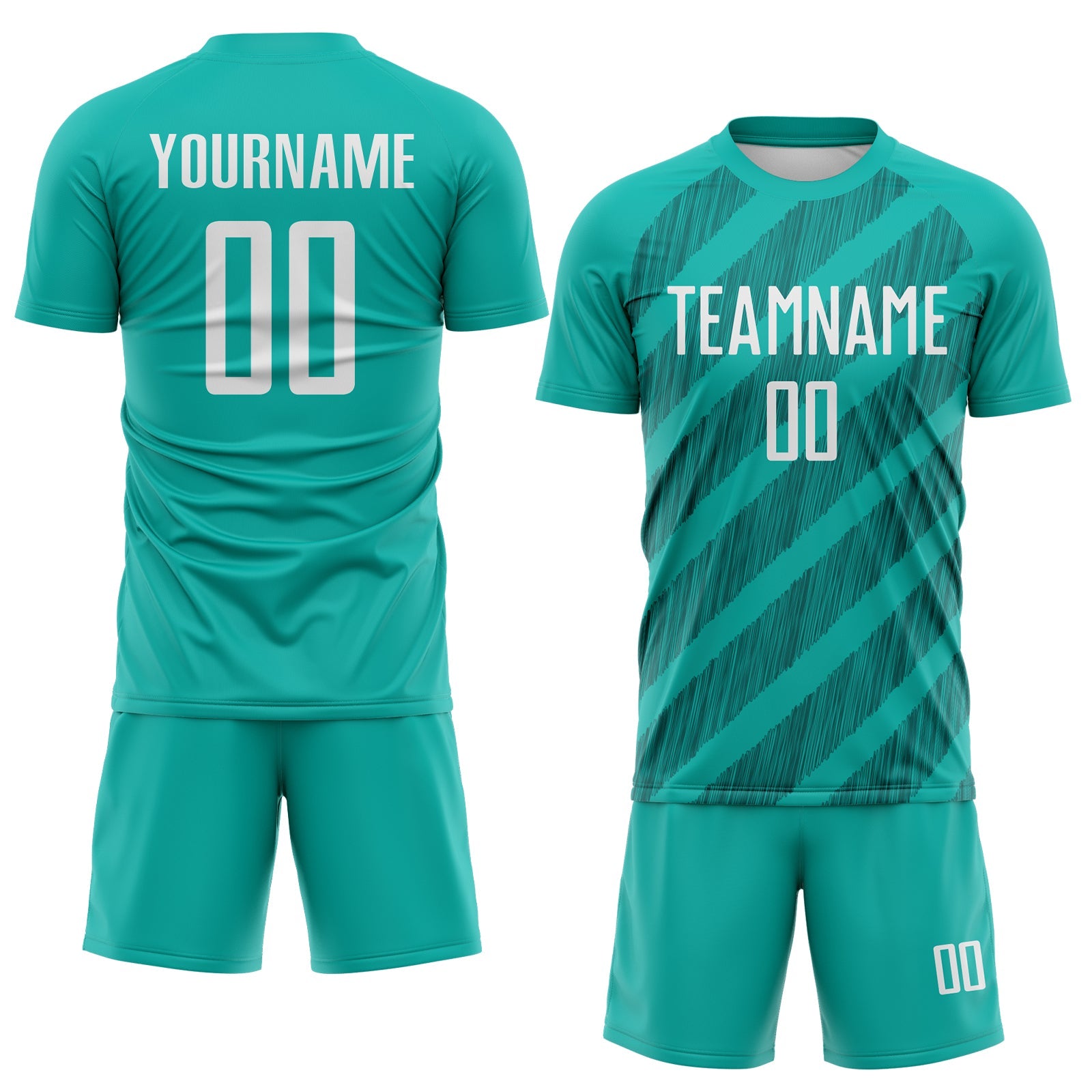Custom Aqua White-Teal Diagonal Stripes Sublimation Soccer Uniform Jersey view 2