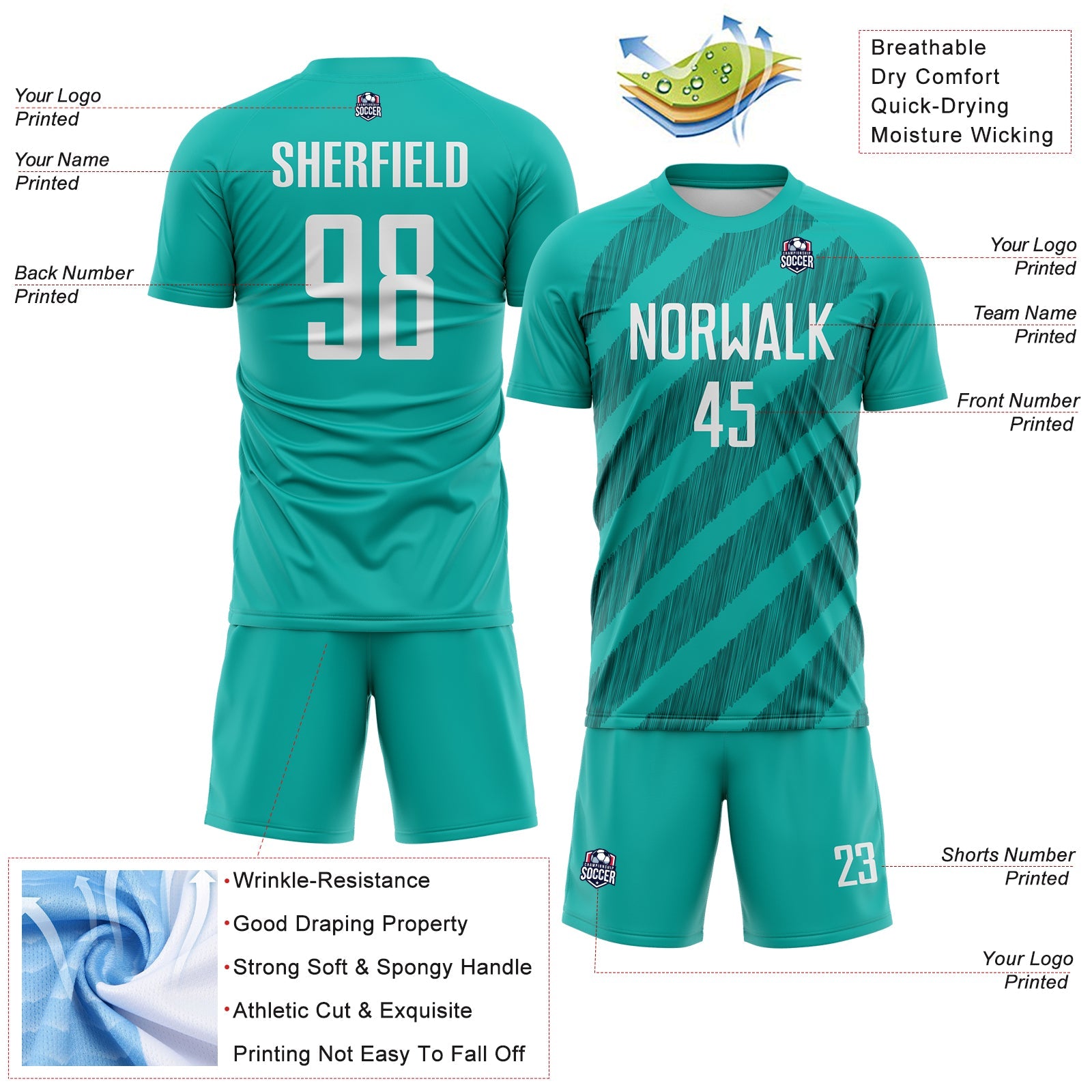 Custom Aqua White-Teal Diagonal Stripes Sublimation Soccer Uniform Jersey view 4