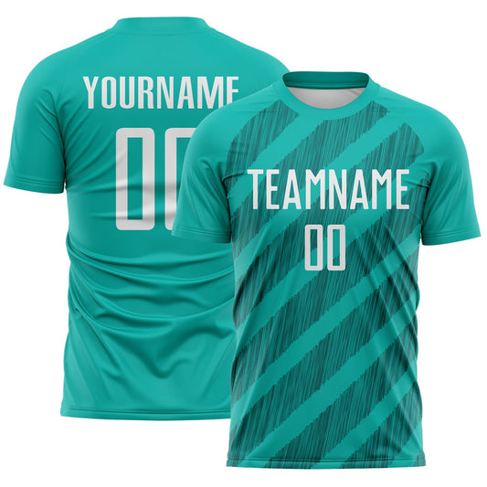 Custom Aqua White-Teal Diagonal Stripes Sublimation Soccer Uniform Jersey - Main View