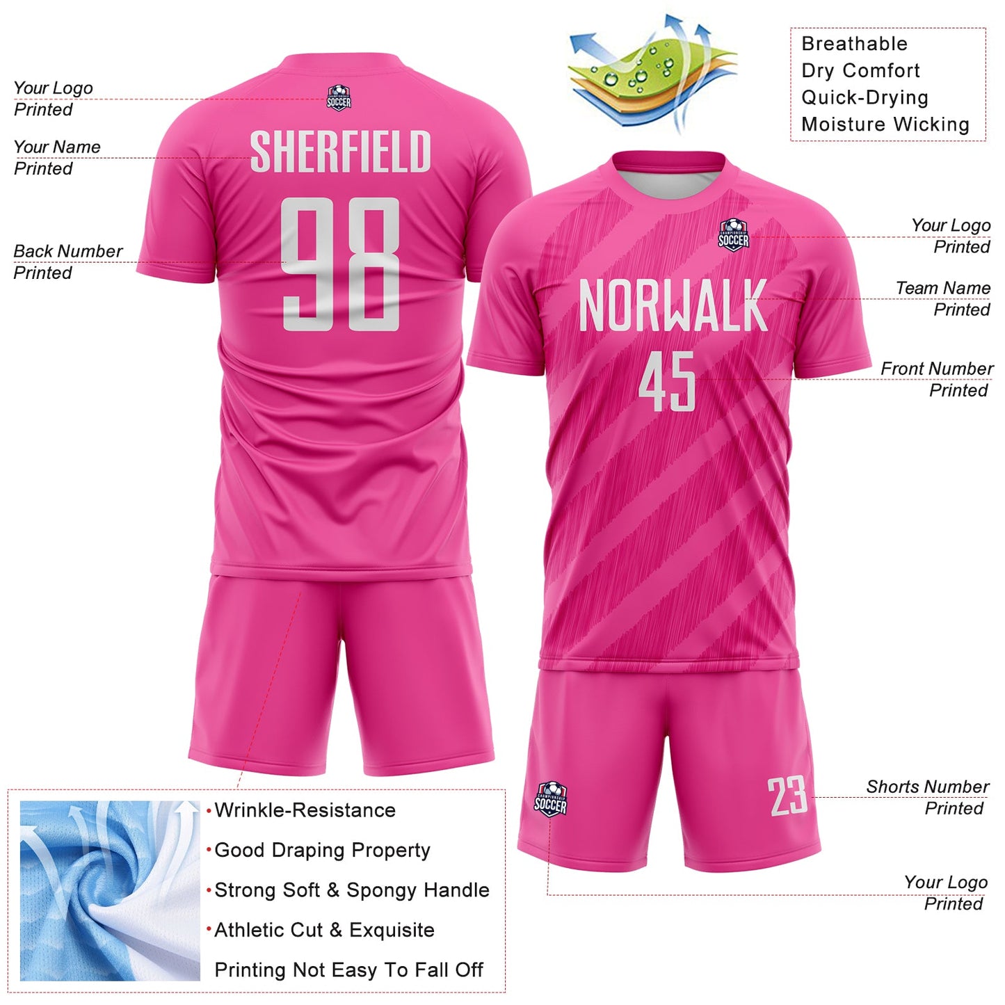 Custom Pink White-Hot Pink Diagonal Stripes Sublimation Soccer Uniform Jersey view 4