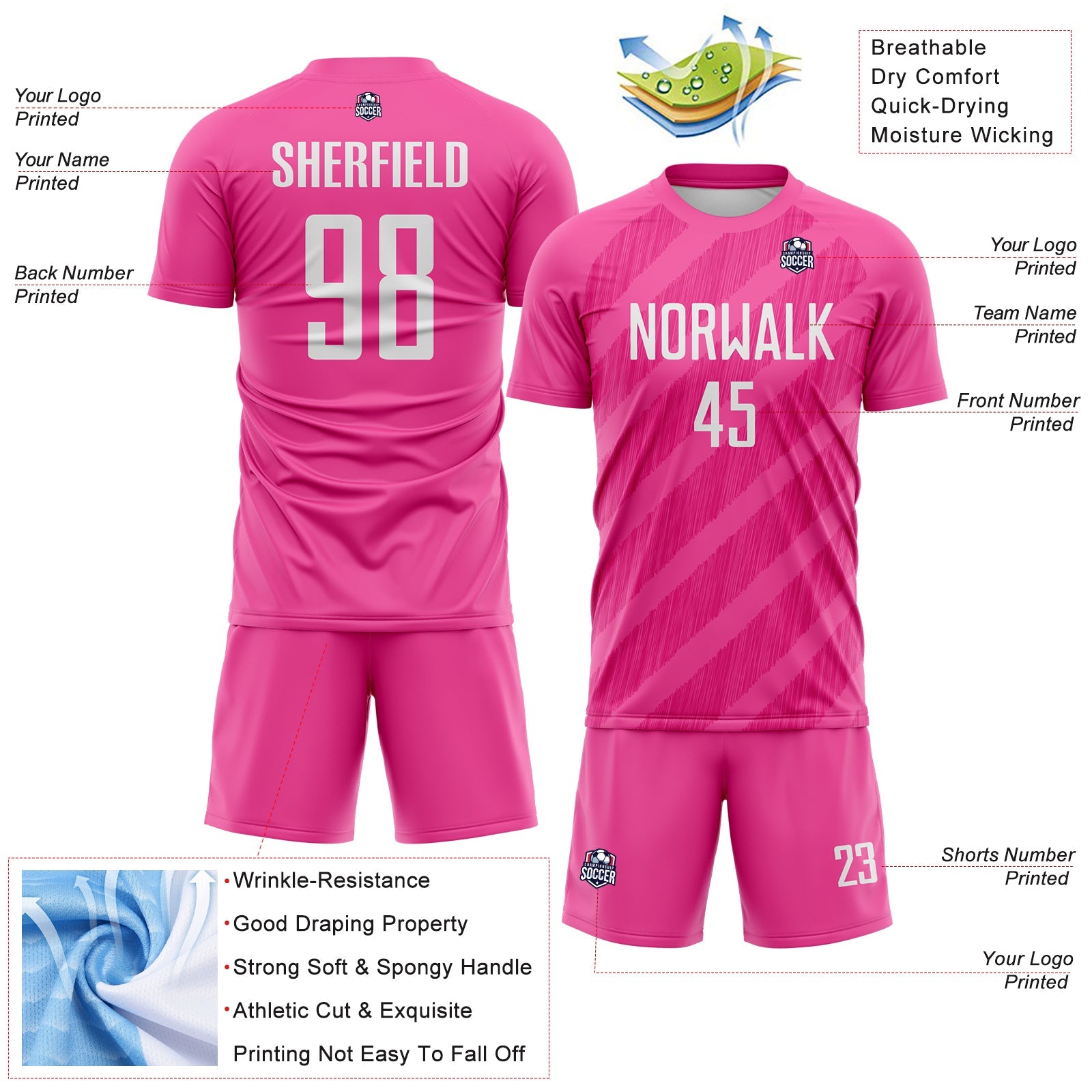 Custom Pink White-Hot Pink Diagonal Stripes Sublimation Soccer Uniform Jersey view 4