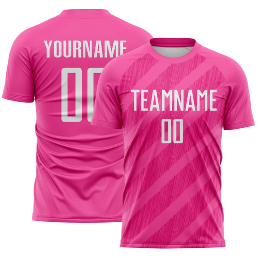 Custom Pink White-Hot Pink Diagonal Stripes Sublimation Soccer Uniform Jersey - Main View