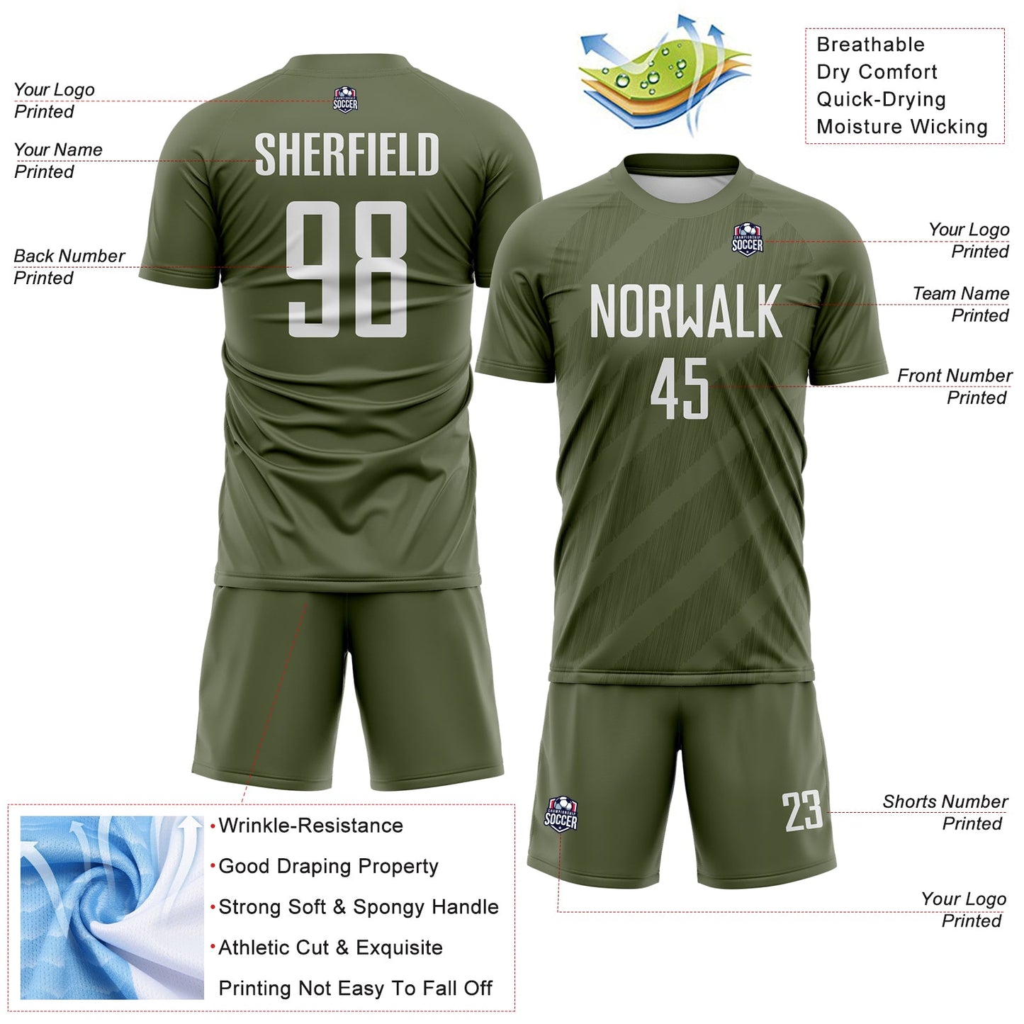 Custom Olive-White Diagonal Stripes Sublimation Soccer Uniform Jersey view 4