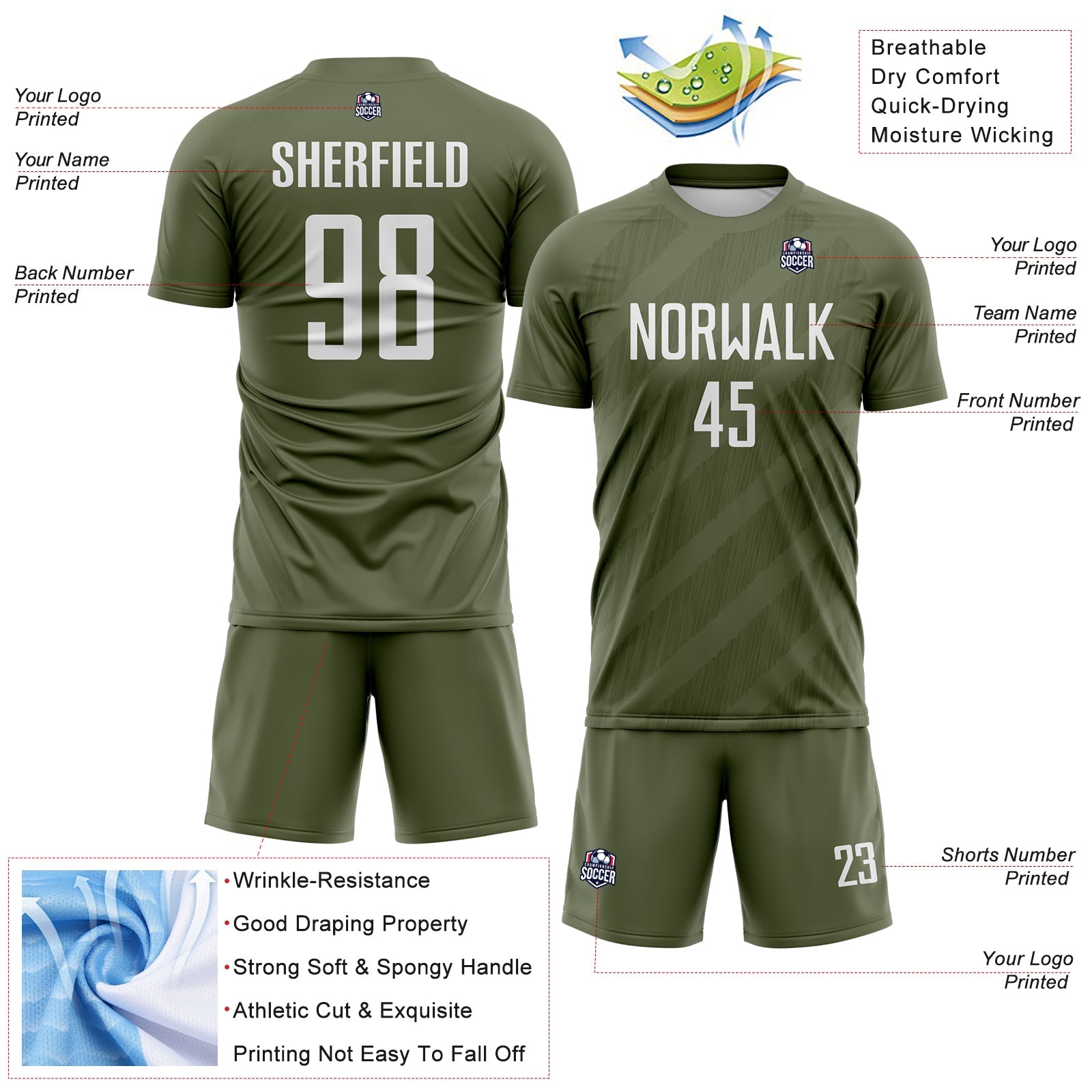 Custom Olive-White Diagonal Stripes Sublimation Soccer Uniform Jersey view 4