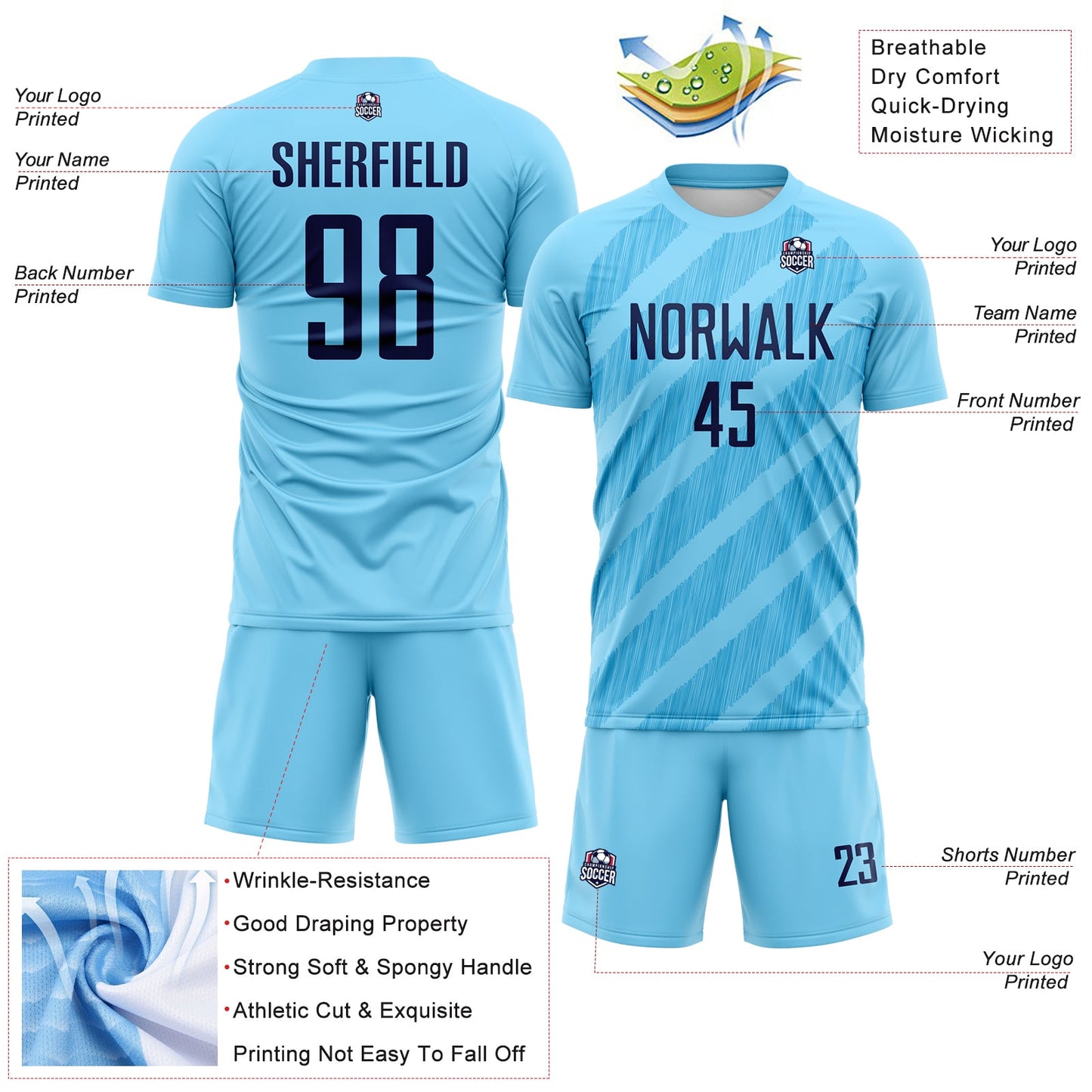 Custom Sky Blue-Navy Diagonal Stripes Sublimation Soccer Uniform Jersey view 4