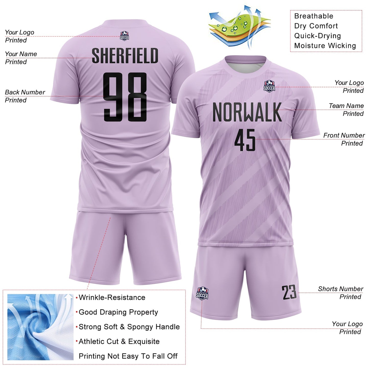 Custom Light Purple-Black Diagonal Stripes Sublimation Soccer Uniform Jersey view 4