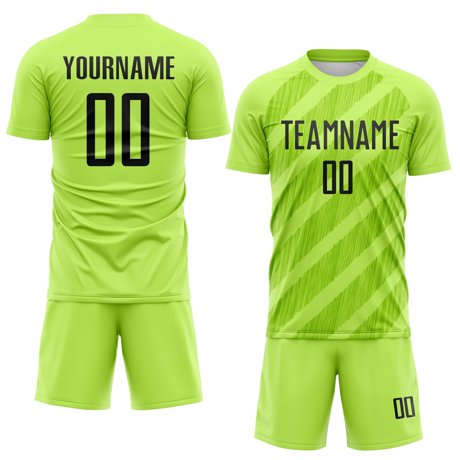Custom Neon Green-Black Diagonal Stripes Sublimation Soccer Uniform Jersey view 2