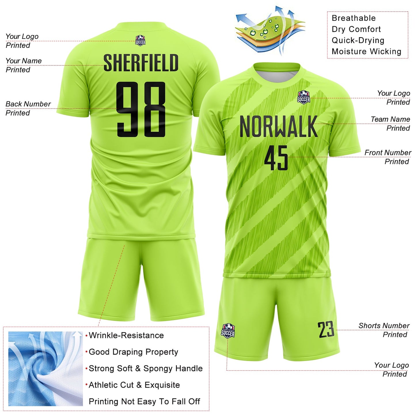 Custom Neon Green-Black Diagonal Stripes Sublimation Soccer Uniform Jersey view 4