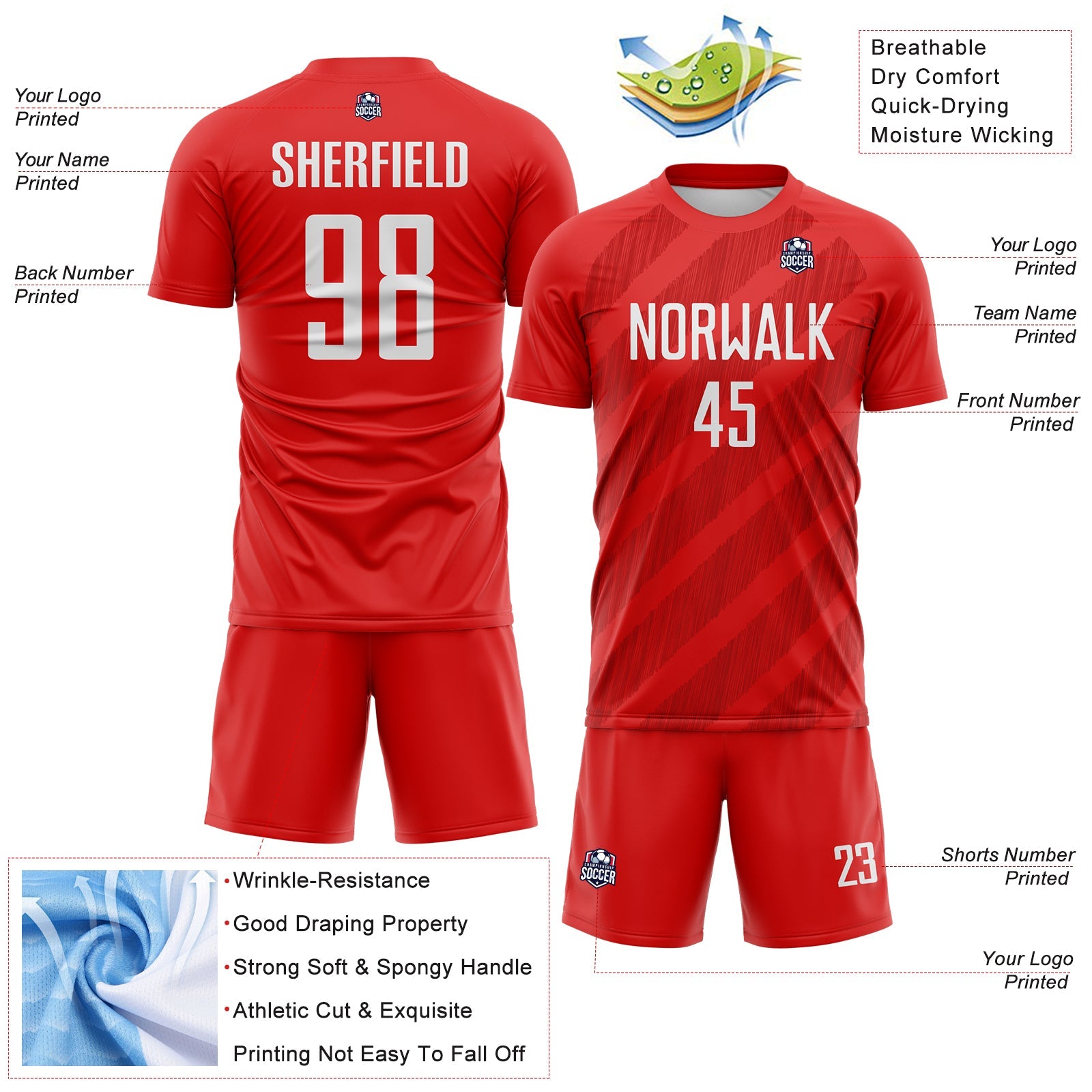 Custom Red-White Diagonal Stripes Sublimation Soccer Uniform Jersey view 4