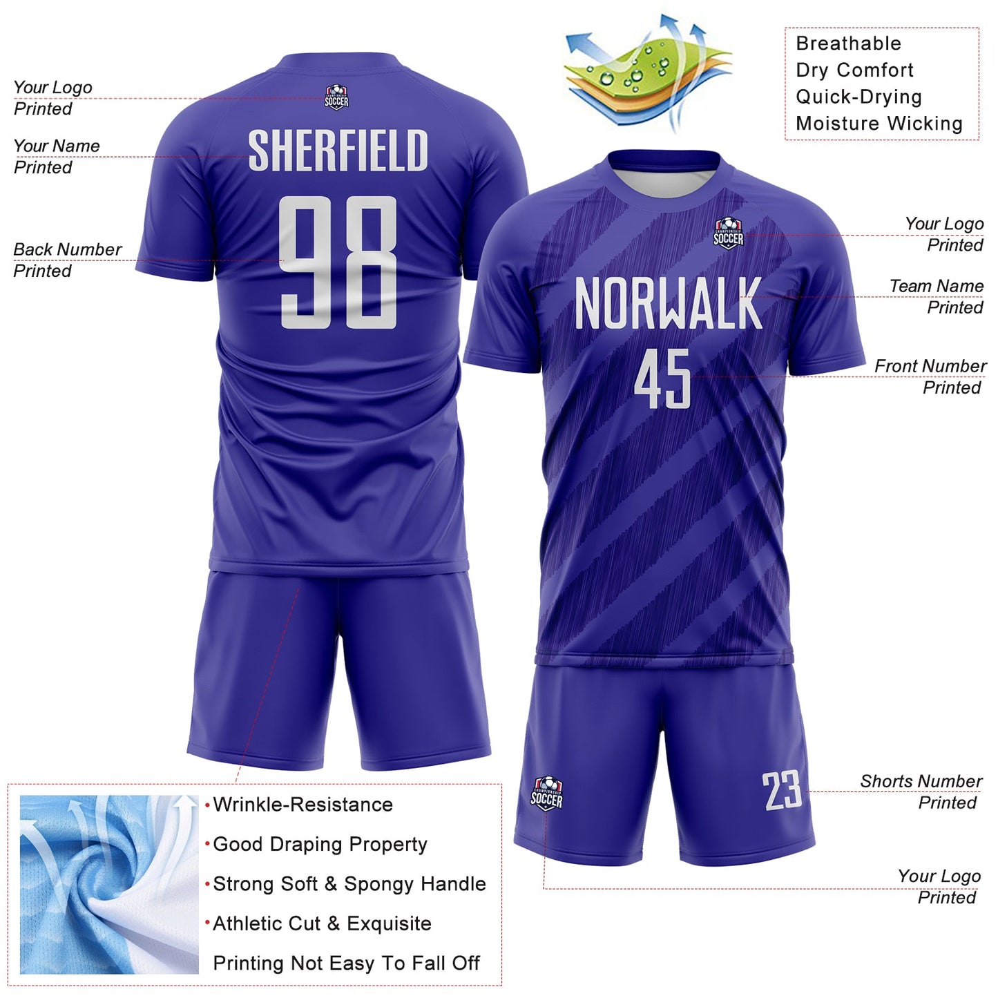 Custom Dark Purple-White Diagonal Stripes Sublimation Soccer Uniform Jersey view 4