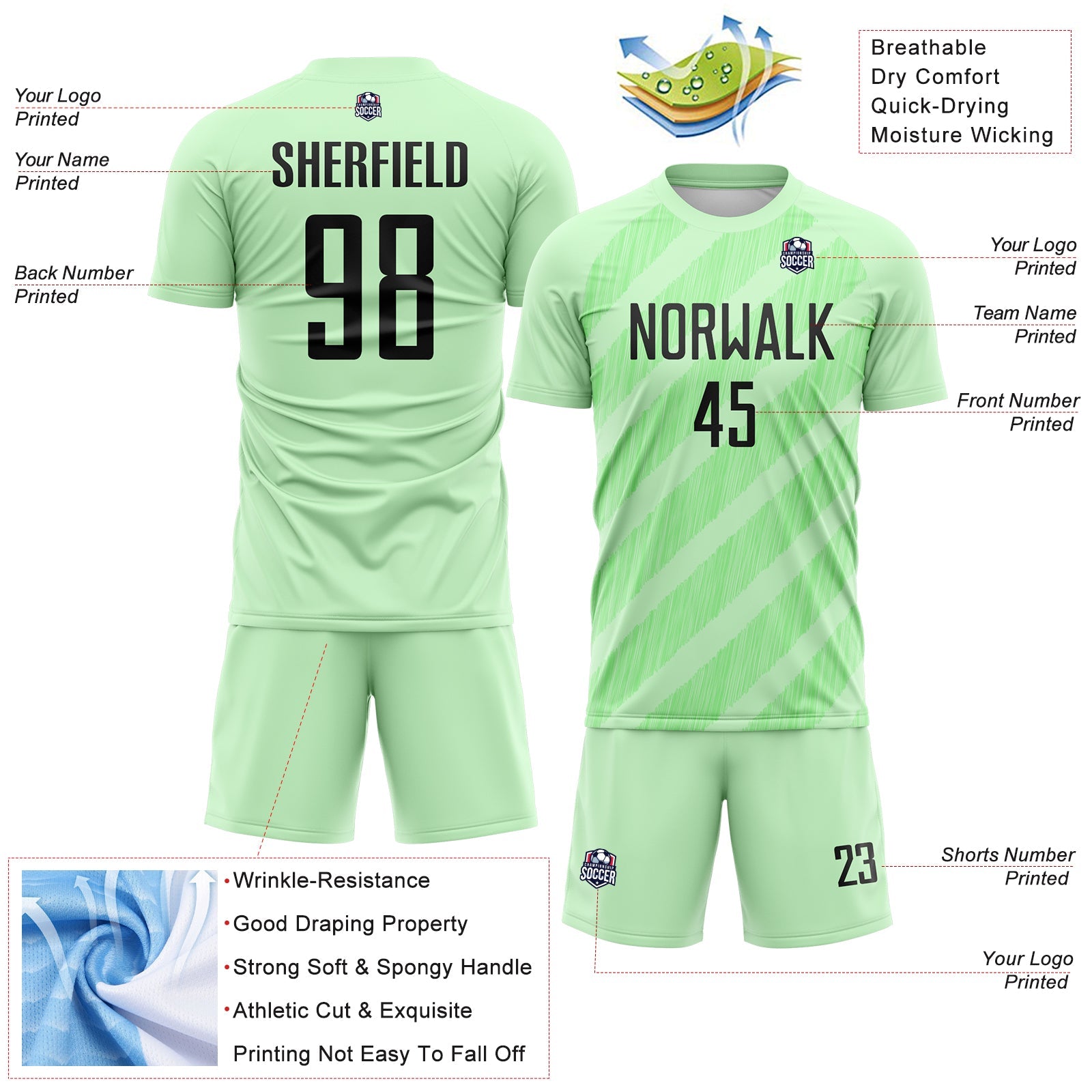 Custom Pea Green-Black Diagonal Stripes Sublimation Soccer Uniform Jersey view 4